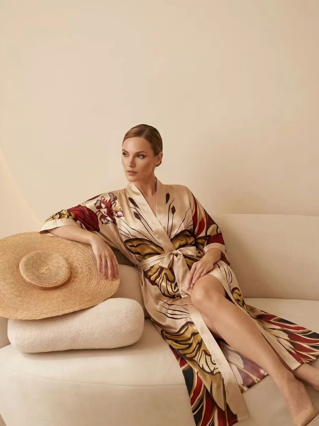 Champagne Gold Butterfly Print Satin Robe Nightwear, Luxurious French Style, Breathable and Comfortable, Perfect for Travel and Home Use