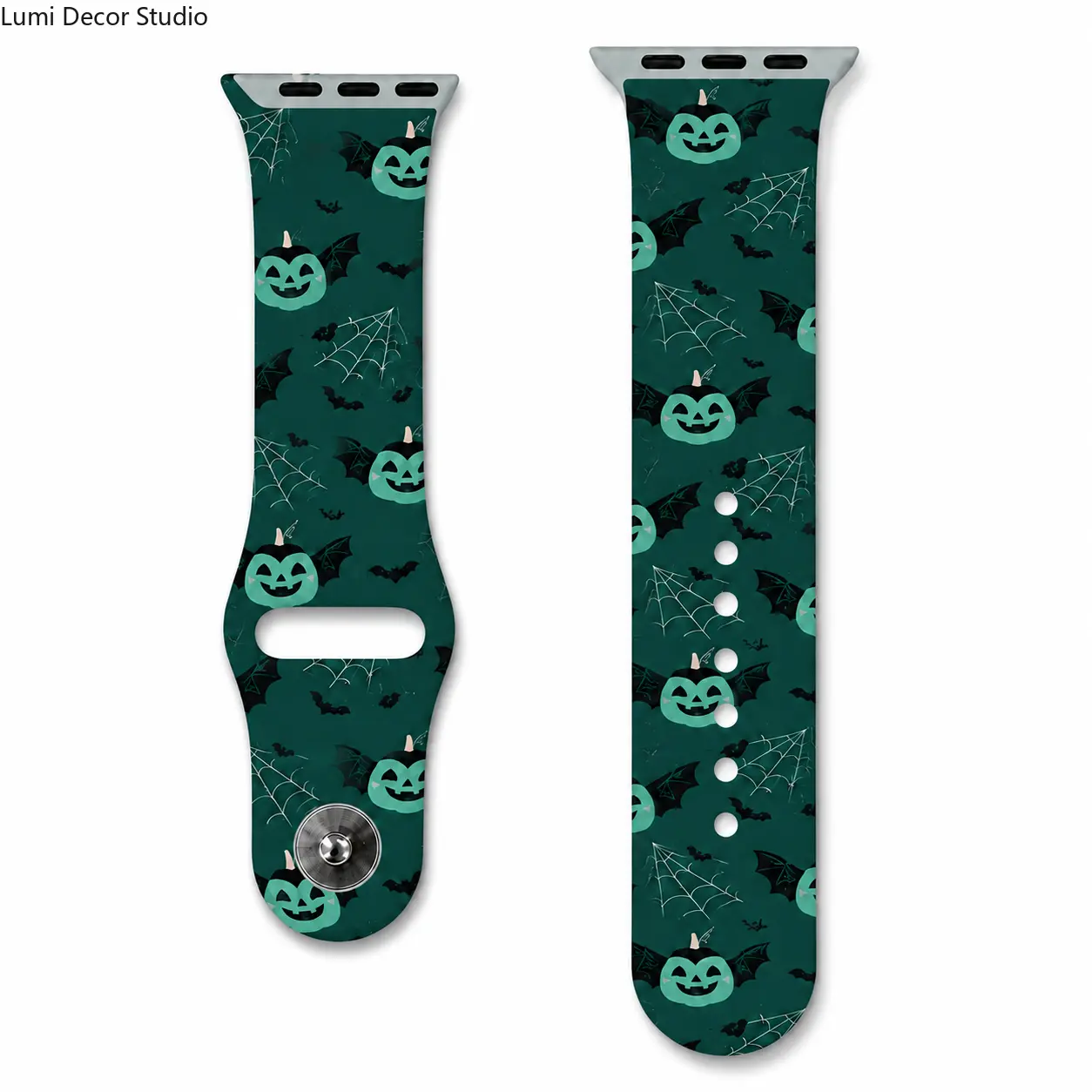 Green Halloween Silicone Watch Band - Pumpkin Bat Spider Web Print Adjustable Strap for Smartwatches, Daily Wear and Party Outfits