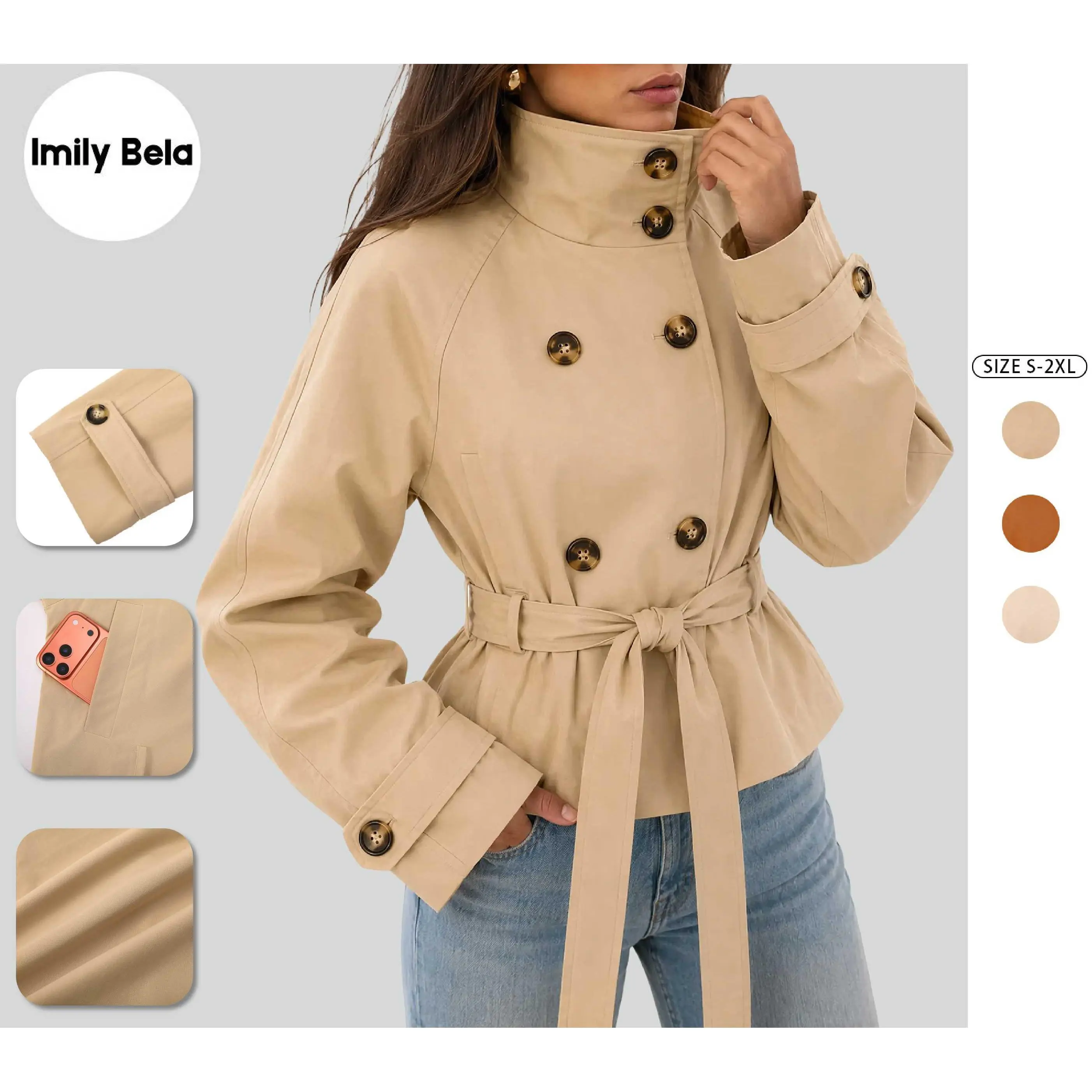 Women’s Cropped Trench Coat, Double Breasted High Stand Collar Belted Jacket, Oversized Long Sleeve Khaki Windbreaker, Elegant Casual Fall Spring Outerwear