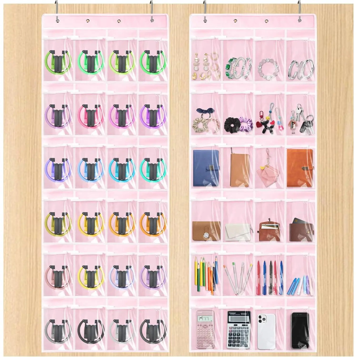 2 Pack Classroom Headphone Storage Organizer, Over The Door  Pocket Chart with 24 Clear PVC Pockets & Metal Hooks, Headphone Holder Bag for School, Office, Dorm,  Organization