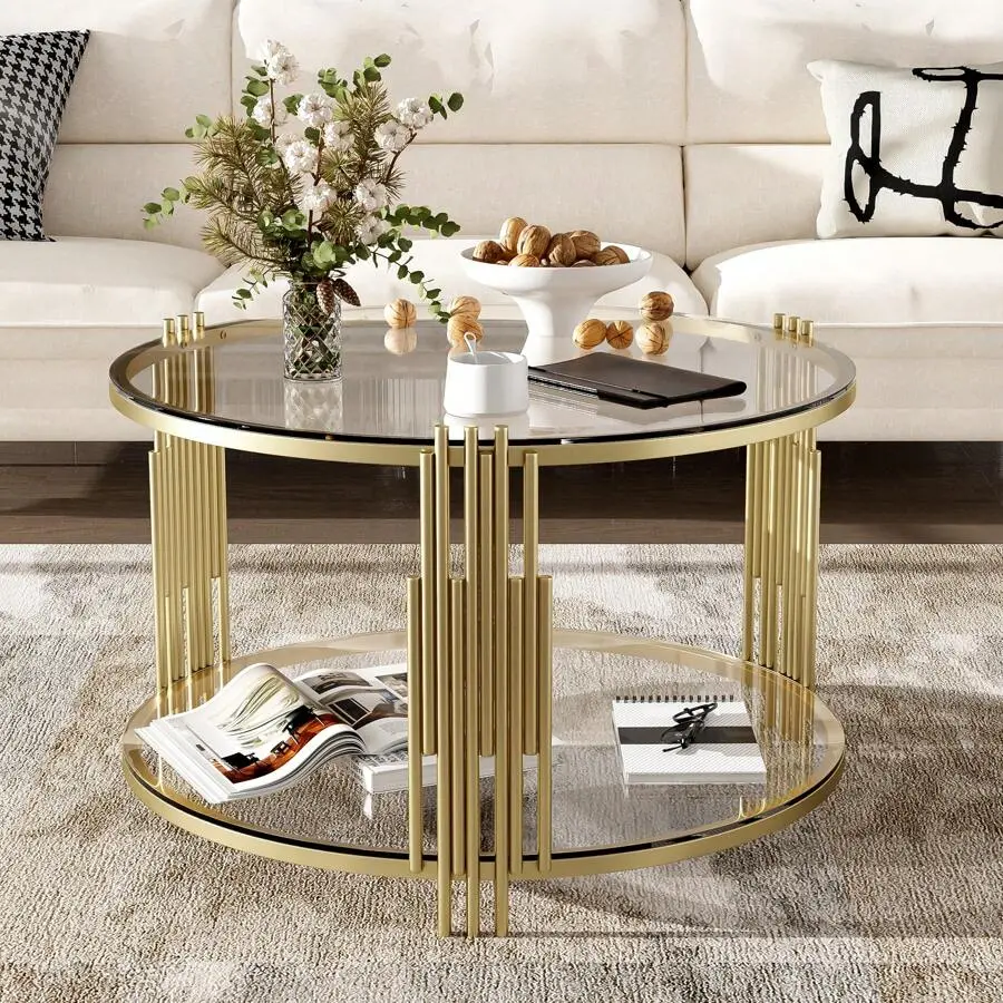 Modern 31.5" Tempered Glass Coffee Table - Asymmetrical Gold-Finish Metal Drum Base, Lower Shelf