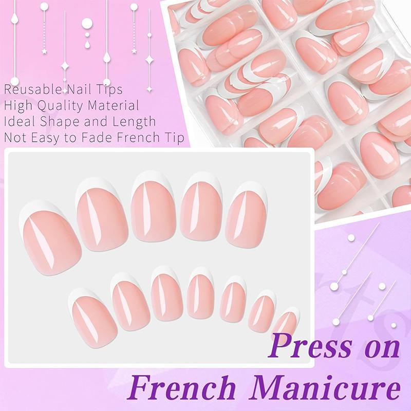 Medium Short Oval Almond Press-on Nails, 120pcs Glossy French Tip Fake Nails, Classic Nail Design At Home Manicure