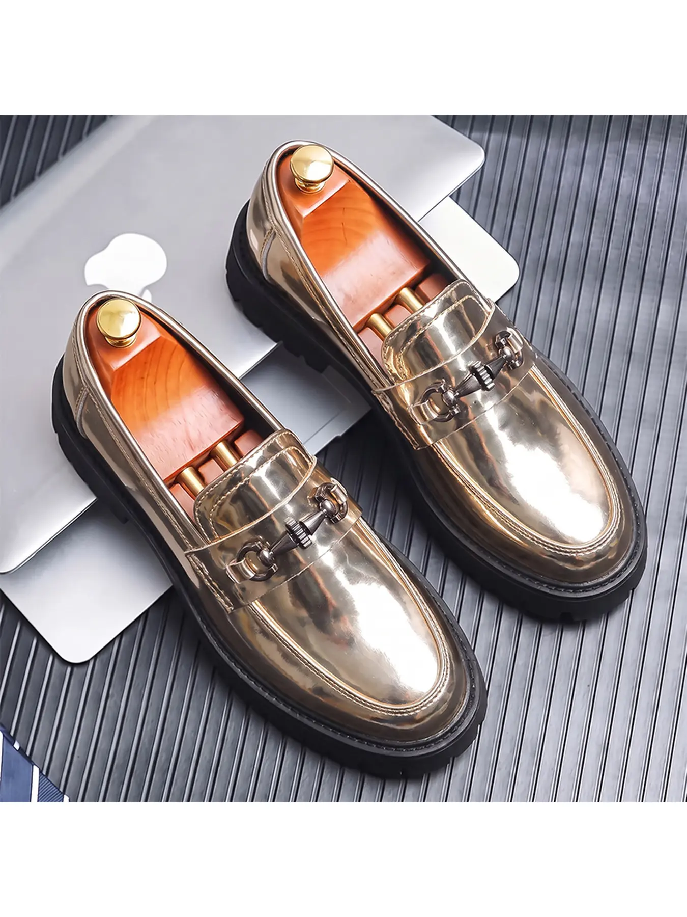 Men Women Shiny Metallic Leather Chunky Sole Loafers, Trendy Metal Ornament Slip-On Platform Shoes Unisex Daily Party Shoes