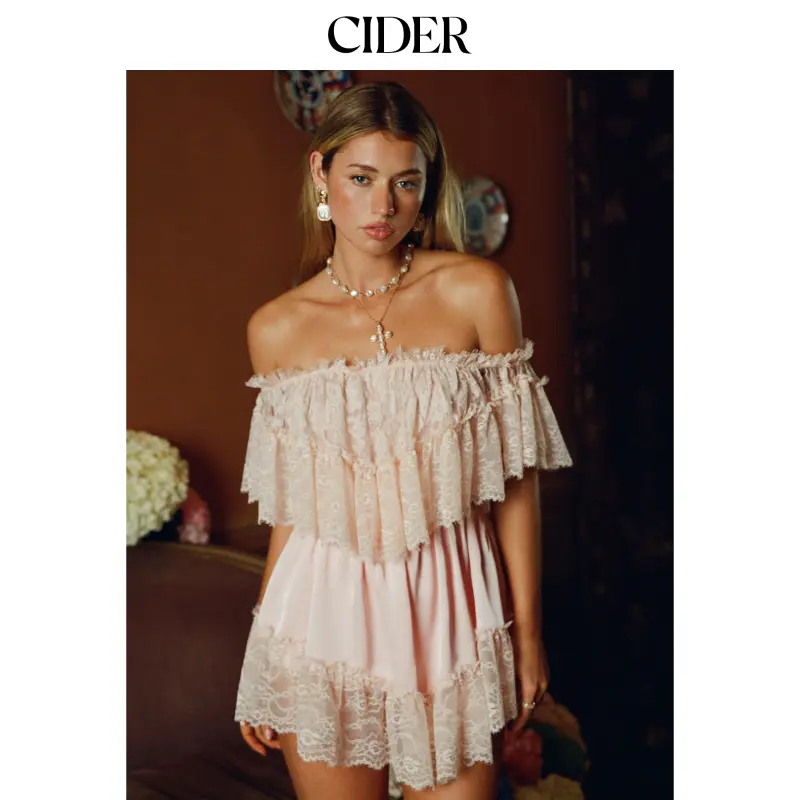 Cider Satin Off-shoulder Lace Ruffle Belted A-line Mini Dress SummerFinds