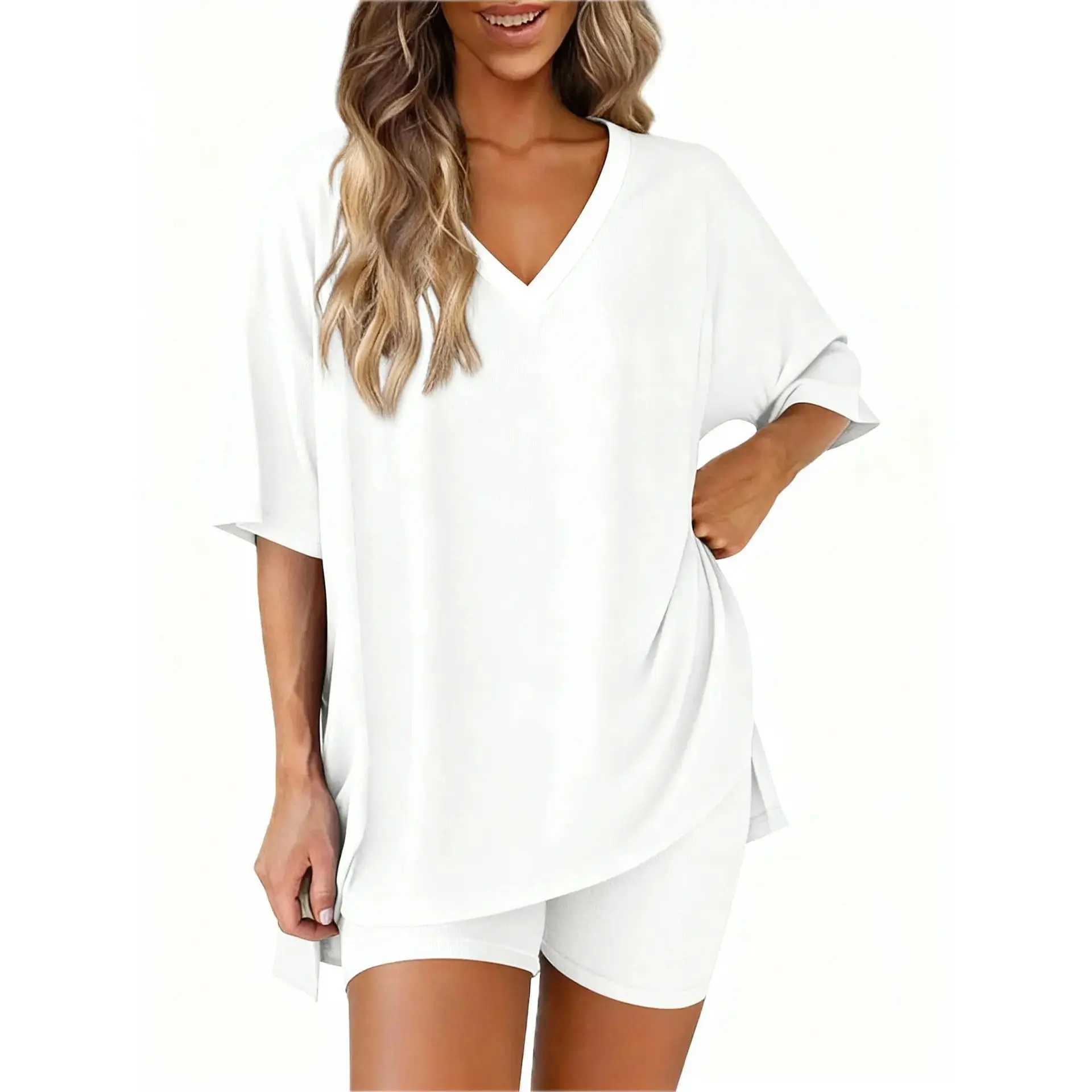 Women Oversized V Neck T-Shirt Biker Shorts 2 Piece Matching Set, Soft Comfort Summer Lounge Activewear Outfit for Travel Vacation Daily Wear