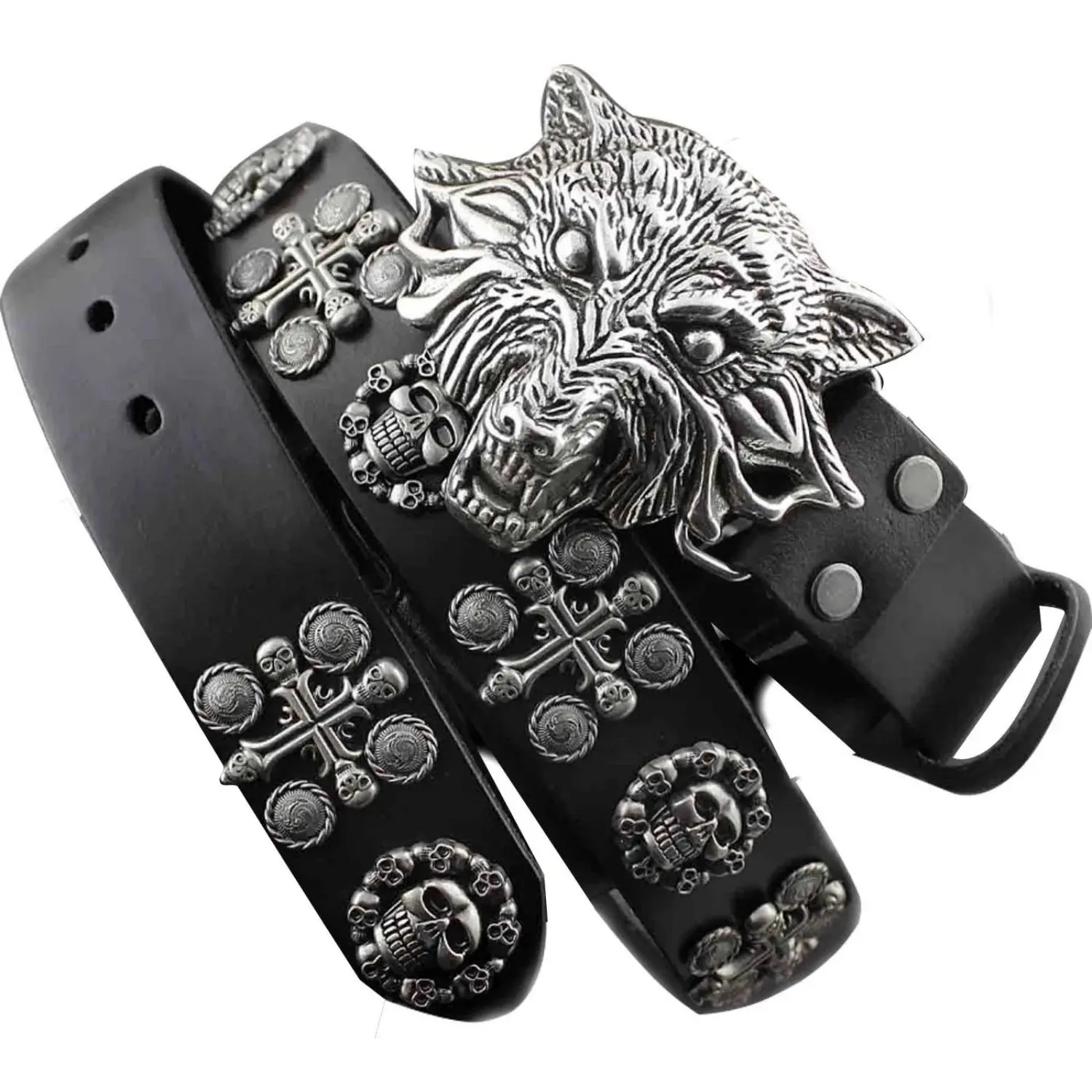 Mens Punk Biker Rocker Unisex Leather Belt with Cool Wolf Head Metal Buckle, Metal Rivets for Party Casual Wear