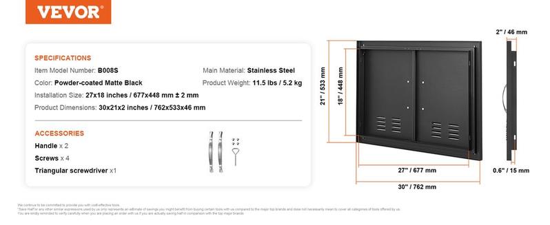 BBQ Access Door, 30W x 21H Inch Double Outdoor Kitchen Door, Cold Plate Flush Mount Door, Wall Vertical Door with Handles and Ventss, for BBQ Island, Grilling Station, Outside Cabinet