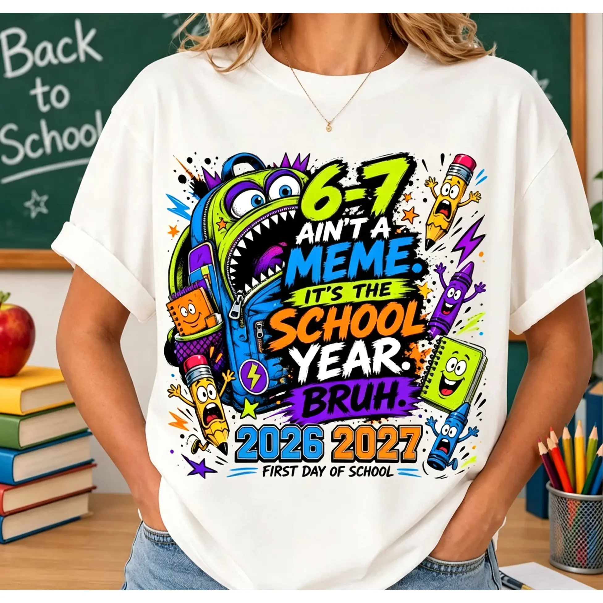 Funny First Day of School T-shirt, Vibrant Cartoon Monster Backpack Stationery Print,Soft Loose Fit Unisex Short Sleeve Top, 2026-2027 School Year Gift T-Shirt #   TikTokMadeMeBuyIt #   TikTokShop # 67AintAMeme # BackToSchoolTee