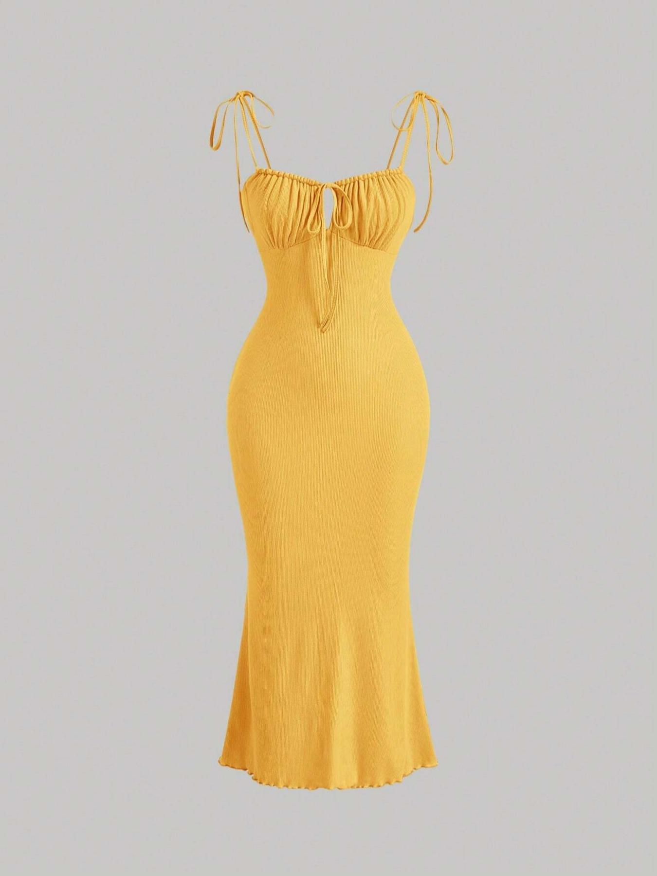 Women's Plain Ruched Lettuce Trim Tie Front Cami Dress, Casual Sleeveless Spaghetti Strap Adjustable Tie Shoulder Long Stretchy Bodycon Dress for Summer, Ladies Clothes for Beach Holiday