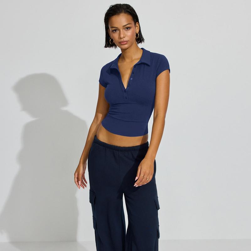 Summer Polo Collar Button Short Sleeve Slim Fit Sports Waist-Cinching Solid Color Versatile Top Short Sleeve