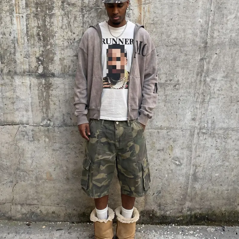 Camouflage Shorts, Workwear Denim Shorts, Multi-Pocket Denim Shorts, Summer Pants, Loose-Fit, Street Style, Cotton, Hip-Hop Fashion, Camo Cargo Short, Camouflage Streetwear Shorts