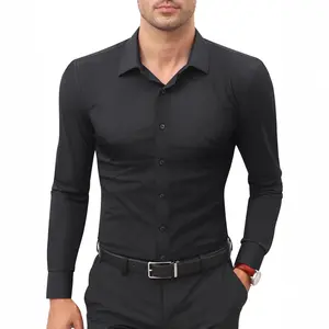 Men's Super Stretch Quick Dry Long Sleeve Dress Shirt, Wrinkle Resistant Breathable Slim Fit Muscle Top, Versatile Business Sports Casual Workwear, Black & Beige Lightweight Fabric, Ideal Father’s Day & Valentine’s Day Gift For Him, Spring Daily Outdoor O