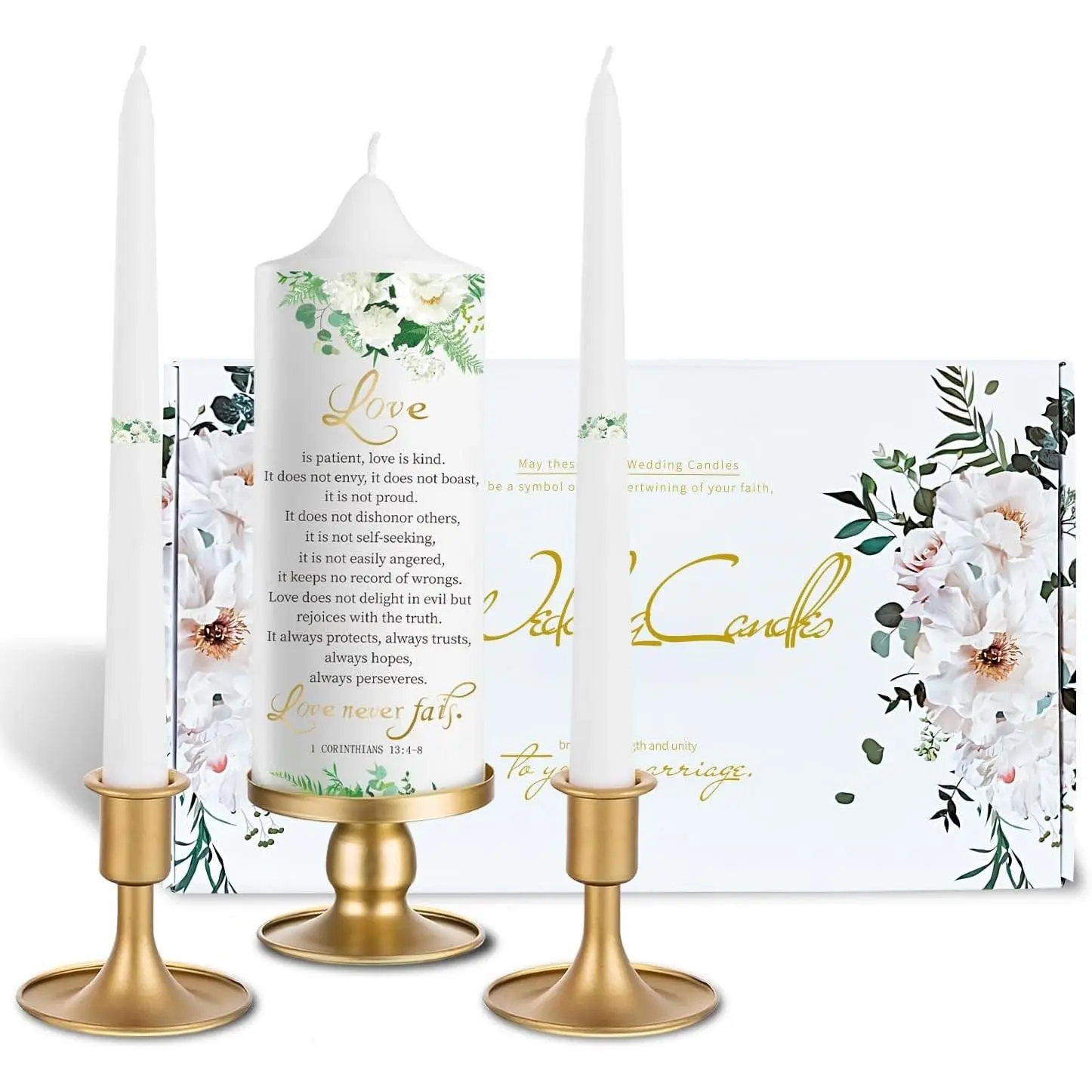 3 Unity Floral Candles for Wedding Ceremony Set with Gold Candle Holders, Bible Wedding Unity Set – Elegant Gift for Bride, Groom, Religious or Catholic Weddings