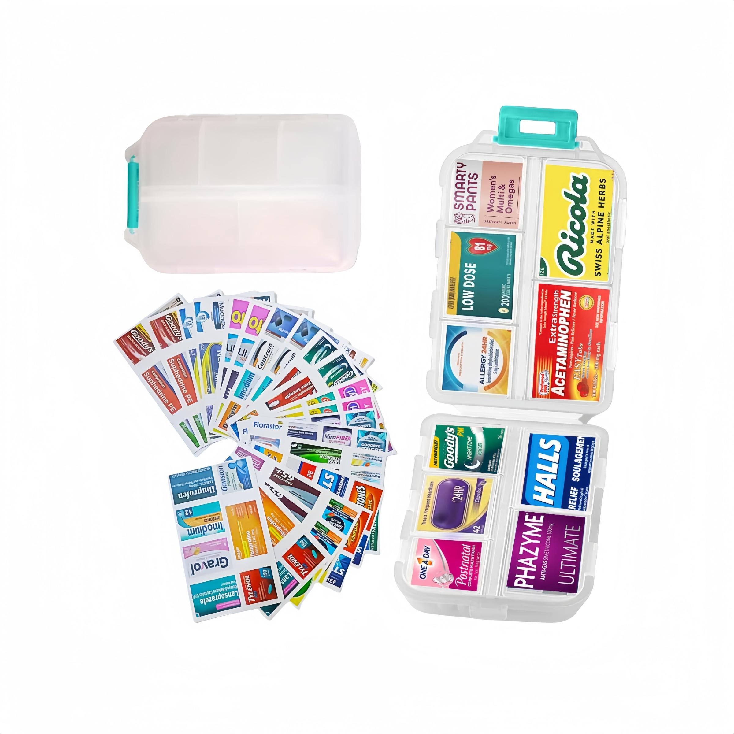 Empty Pill Box with 147pcs Sticker, 1 Box Waterproof Dustproof Pill Storage Box with Label, Portable Travel Pill Organizer, Sealed Box for Earrings Necklaces Lipstick