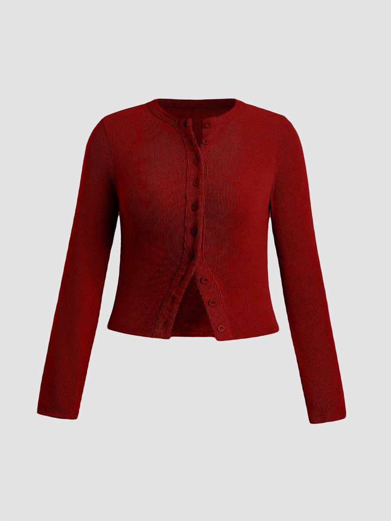 【Plus Size】 Solid Color Ribbed Button Front Cardigan, Casual Long Sleeve Round Neck Knitwear for Spring & Fall, Women's Tops for Daily Wear
