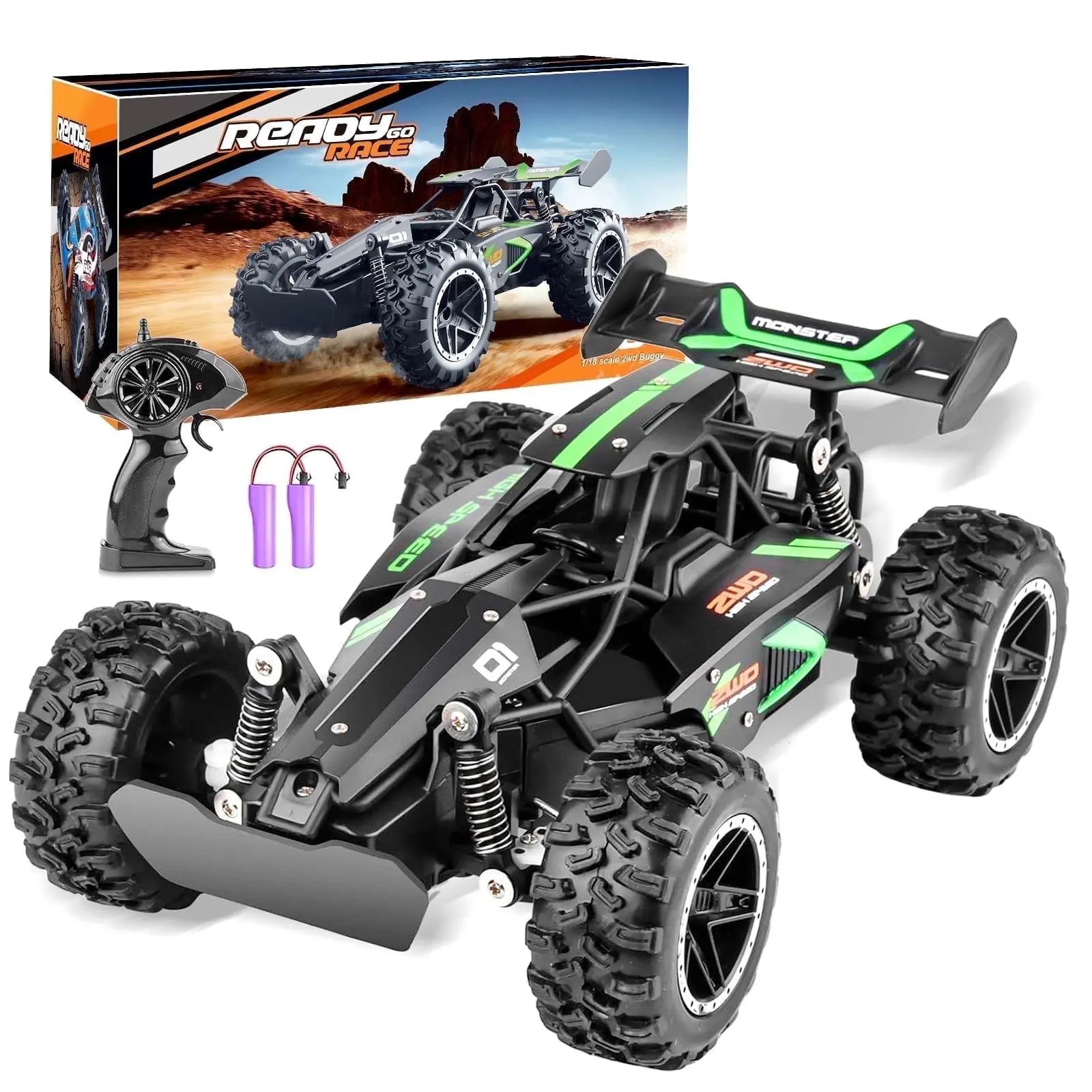 Loheer 1:18 Remote Control Car for Boys Girls, 2.4GHz Rechargeable RC Off Road Truck with 2 Batteries, All Terrain Racing Toy Car with Shock Absorbers, Non-Slip Tires, Birthday Christmas Gift for Kids