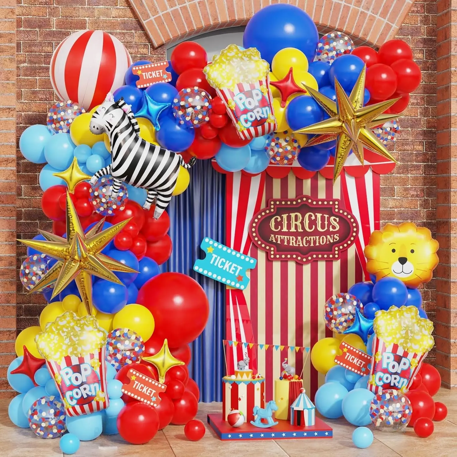 Carnival Circus Balloon Arch Kit,146Pcs Red Yellow Blue Balloon Garland with 4D Red White Stripe,Popcorn,,Lion,Explosion  Foil Balloons for Birthday Carnival Circus Theme Party Decorations