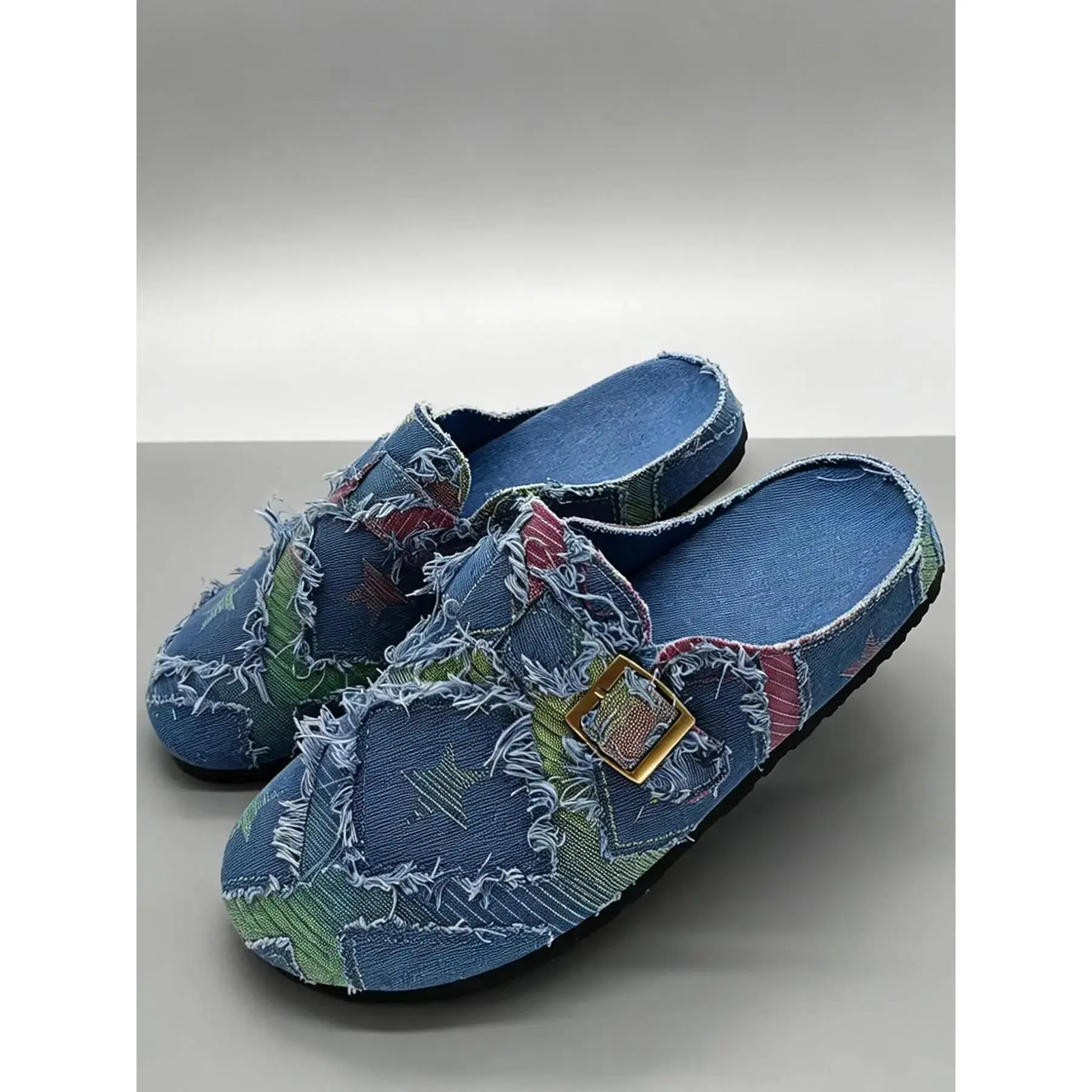 Men's Denim Single Buckle Frayed Edge Backless Mules Clogs, Vintage Washed Platform Slip-On Casual Slides
