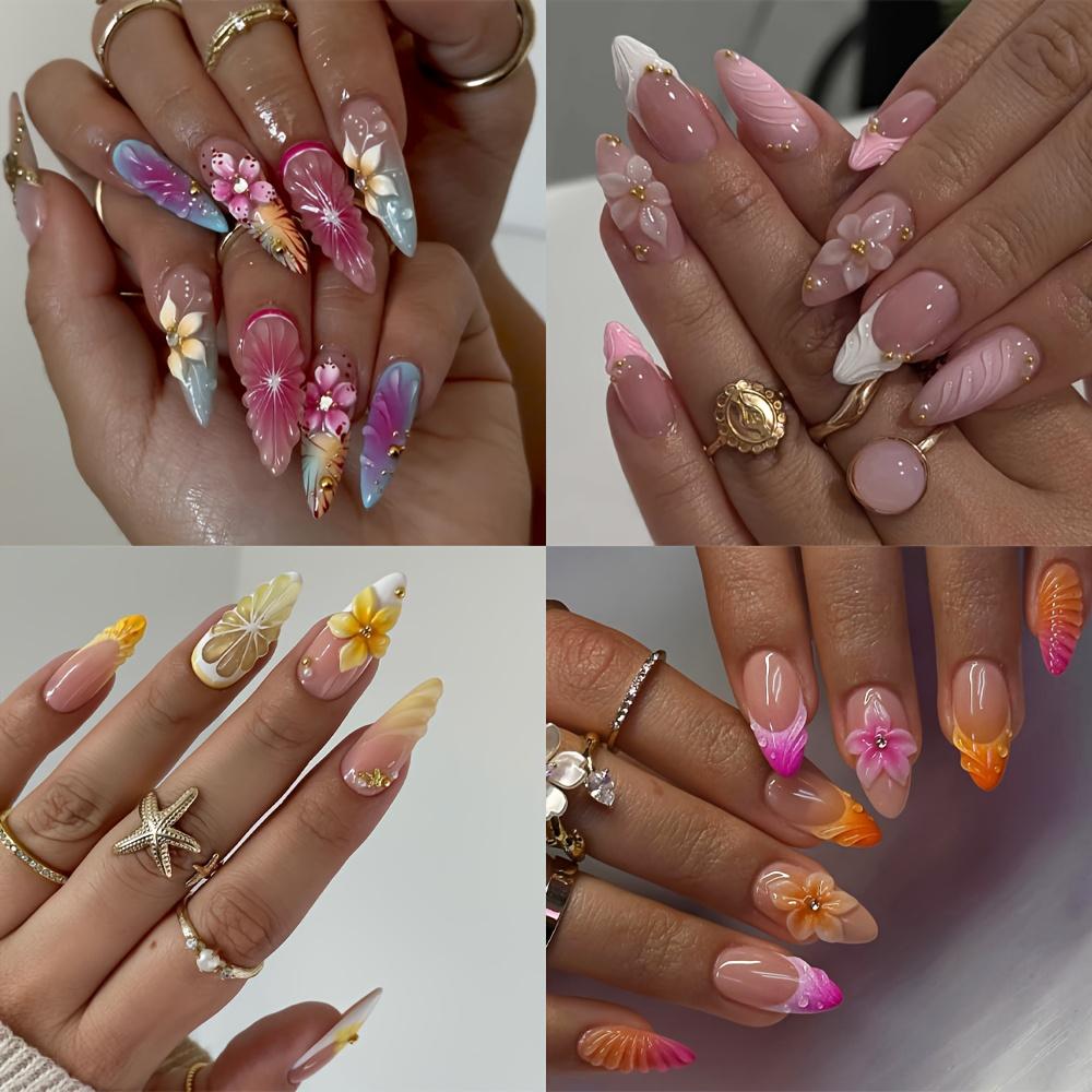 24-Piece 3D Press-On Nails • 3D Floral, Teardrop, Lily, and Shell Designs • Includes Nail Art Tools • Reusable and Removable • Suitable for Proms, Parties, and Any Occasion • Ideal Choice for Women's Nail Art