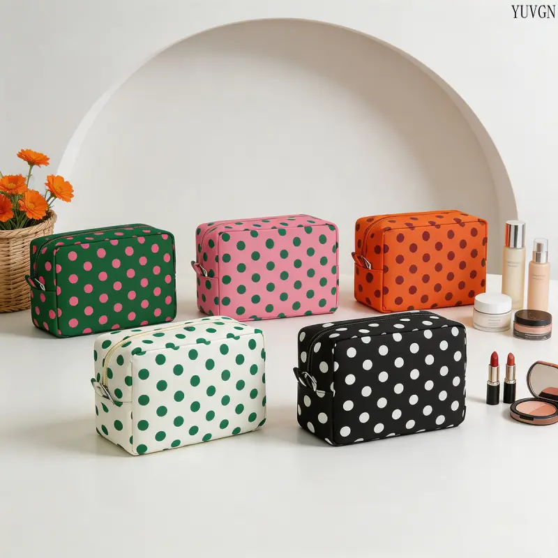 Polka Dot Makeup Bag, Rectangle Zipper Cosmetic Pouch, Soft Fabric Large Capacity Toiletry Organizer, Portable Lightweight Storage Case, Spacious Wash Bag for Skincare Accessories Daily Travel Vacation Outdoor Use