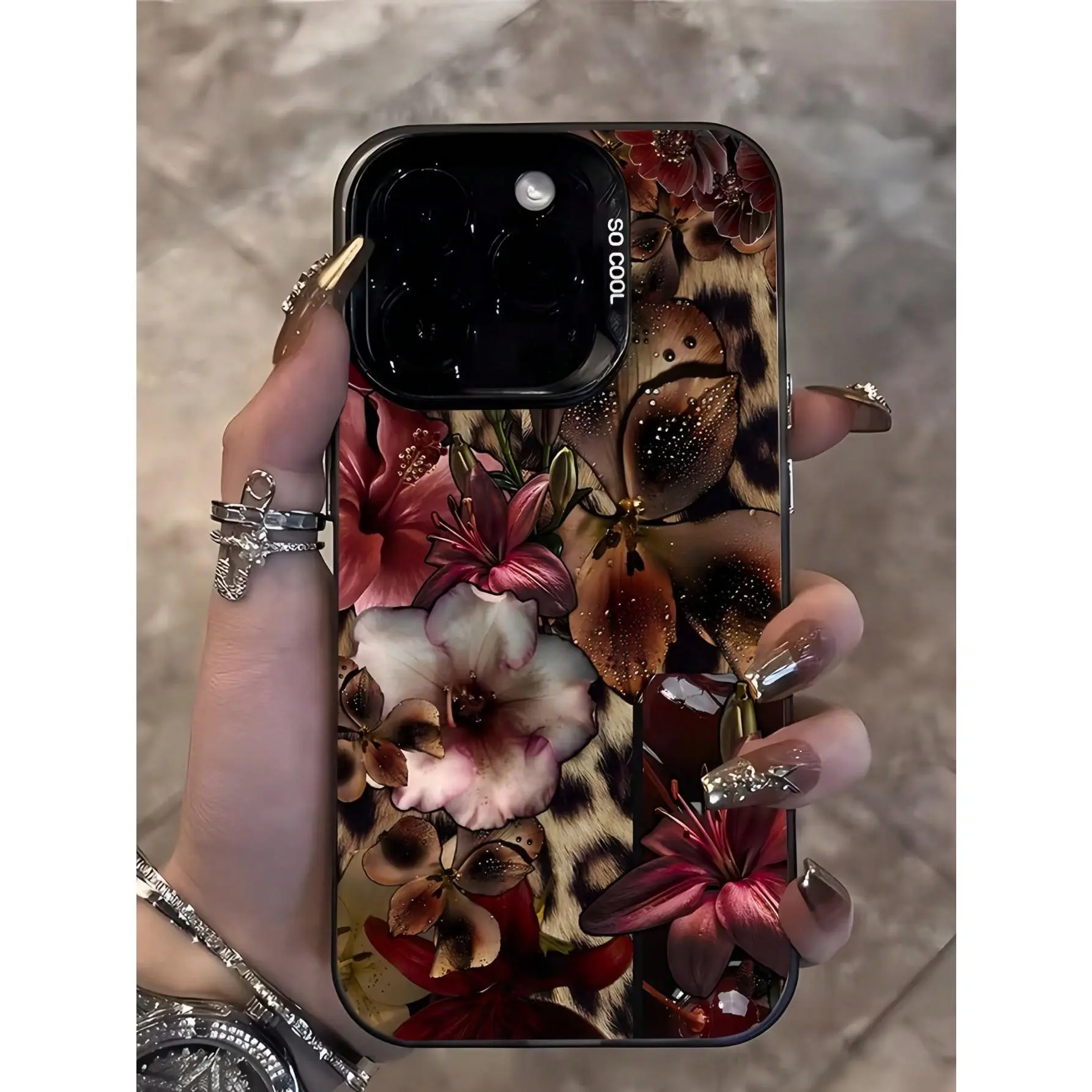 1pc Black Matte Laser Floral Smartphone Casing - Personalized American Leopard Print Base, Vibrant Floral Collage, Energetic Handheld Cellphone Case Compatible with iPhone 17/16 Pro Max/16 Plus/15 Plus/14 Plus/13/12/11/Air Devices