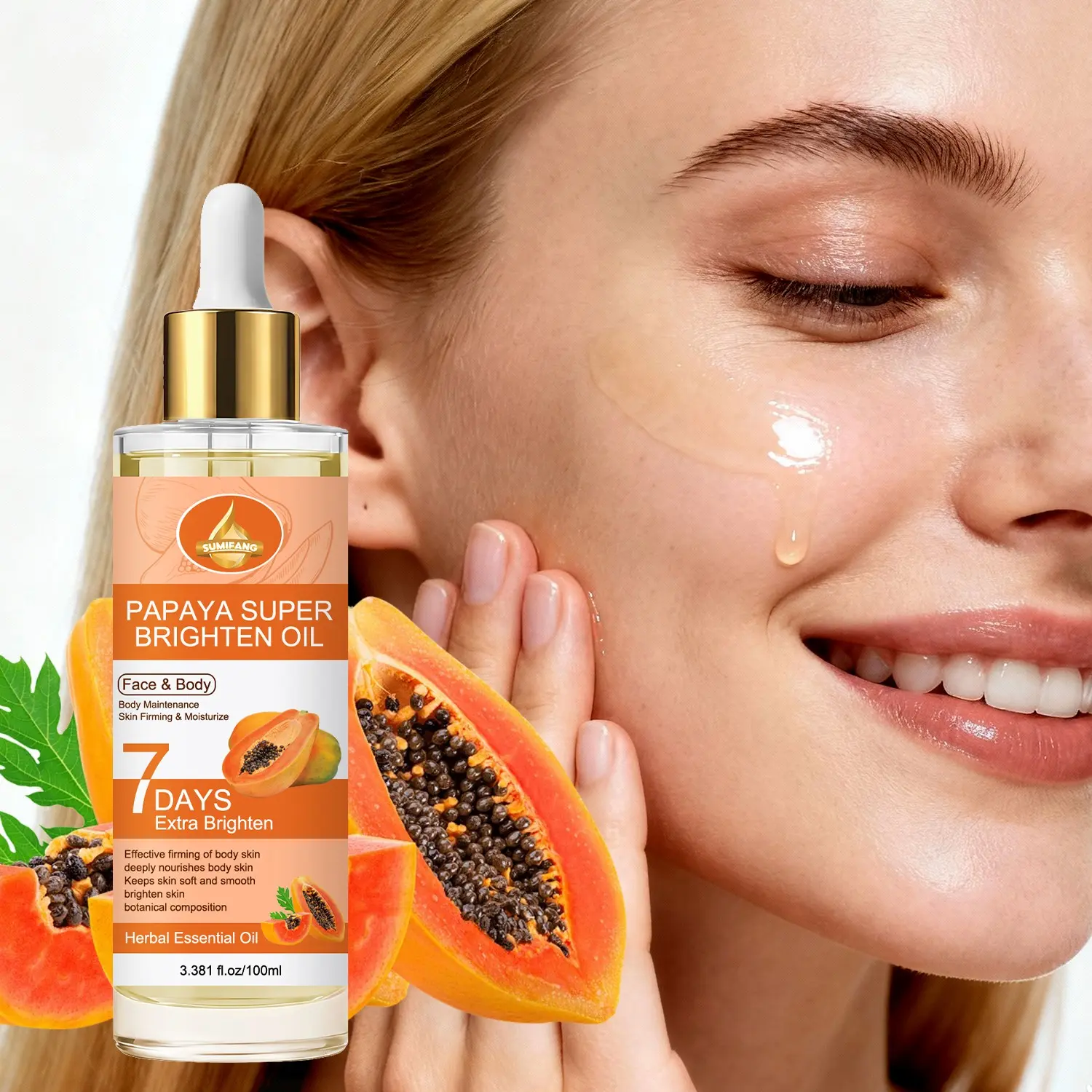 SUMIFANG Papaya Radiance Body Oil 100ml – Nourishes and softens skin; formulated with papaya extract, retinol, and Vitamin C to reveal a luminous glow; lightweight and fast-absorbing; suitable for both face and body.