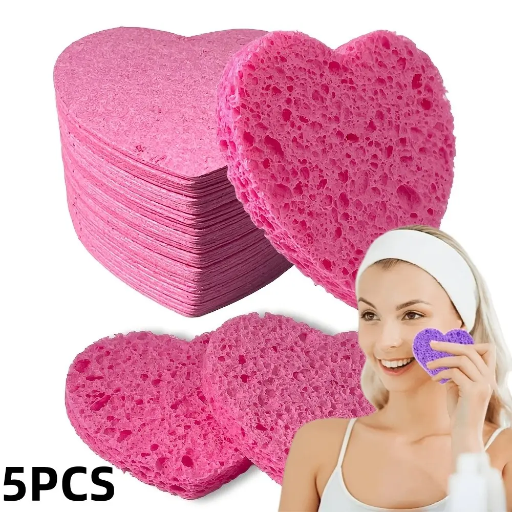 5-Pack Heart‑Shaped Compressed Wood Pulp Facial Sponge, Water‑Expanding Cleansing Sponge, Exfoliating Makeup Remover Sponge for SPA Skincare Portable Face Pad