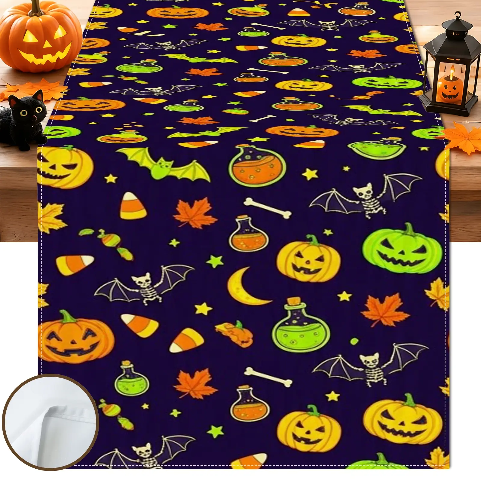 1pc Jack O Lantern Bat Skeleton & Potion Bottle Table Runner, Cute Halloween Style, for Dining Table, Kitchen, Halloween Party & Home Decor, Halloween Table Decoration