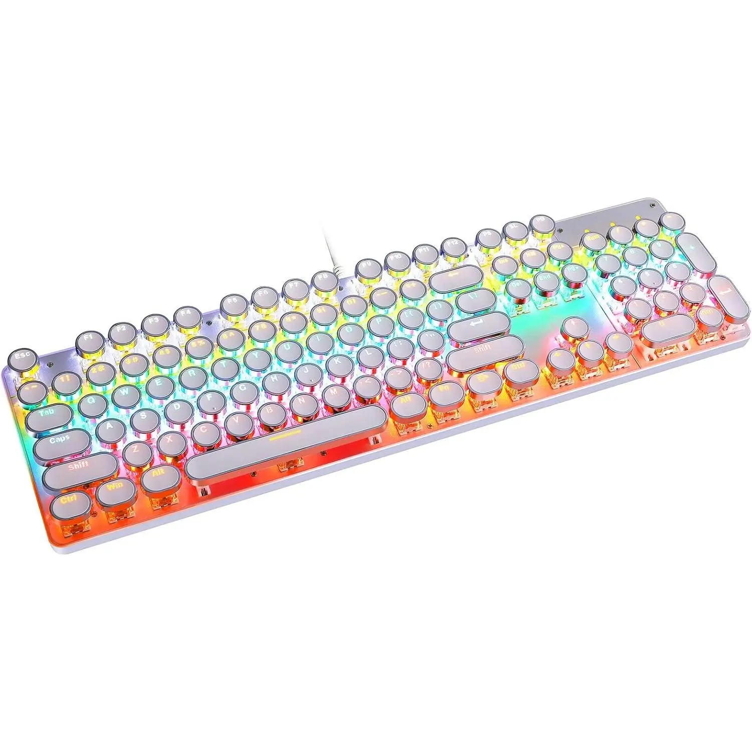 Typewriter Style Mechanical Gaming Keyboard Rainbow Backlit Wired with Blue  Retro Round Keycap 104  Keyboard (L-White)