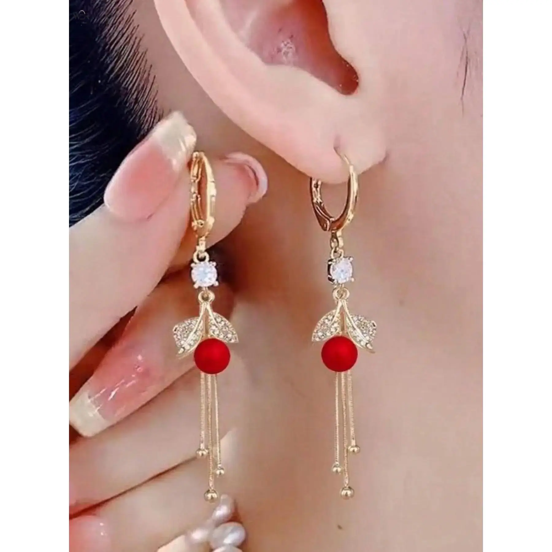 Gold Huggie Hoop Drop Earrings 7.5cm Length 5g/Pair, Crystal Leaf Red Pearl Tassel Dangle Earrings, Elegant Long Fringe Ear Jewelry for Wedding Banquet Daily Party Styling