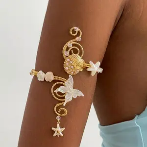 Boho Floral Butterfly Pearl Arm Cuff for Women, Adjustable Open Statement Cuff Bracelet, Lightweight Comfort Fit, Gold Tone Upper Arm Jewelry, Casual Vacation Festival Gift for Her