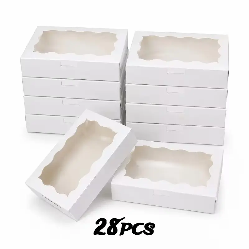 28 Pcs Kraft Paper Gift Boxes with Scalloped Clear Window, 7x4.3x1.5 Inch Folding Packaging Boxes for Soap, Cookies, Candles & Jewelry, Small Brown Treat Boxes for Wedding, Birthday & Party Favors