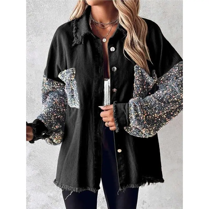 Women's Denim Patchwork Colorful Sequins Shirt Jacket, Cool Personal Style, Fringe Design, Daily Wear, Streetwear, Parties