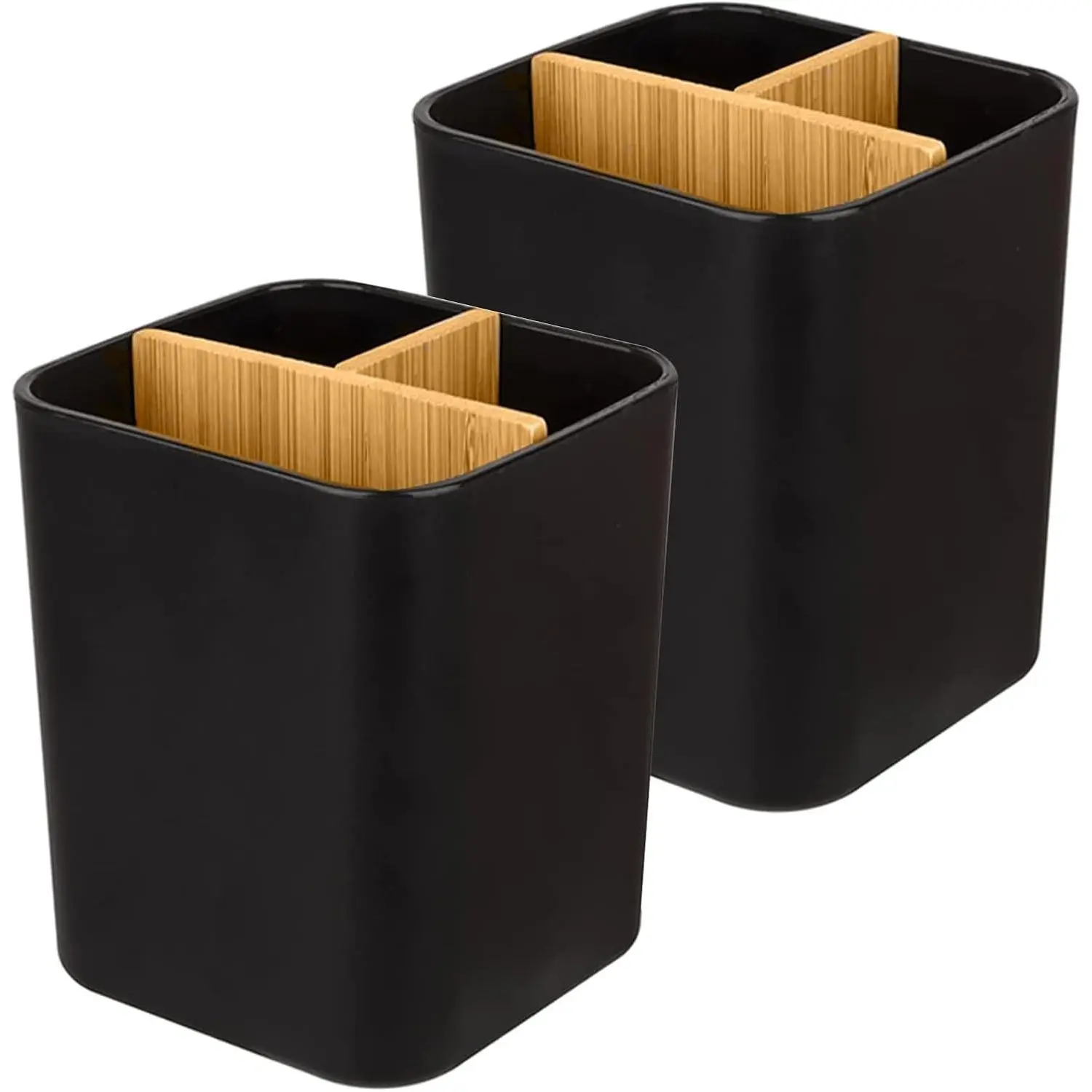 Bamboo Toothbrush Holder for Bathrooms, 3 Slots Toothbrush and Toothpaste Holder Bathroom Counter Organizer for Electric Toothbrushes, Floss, Razors, 2 Pack, Black