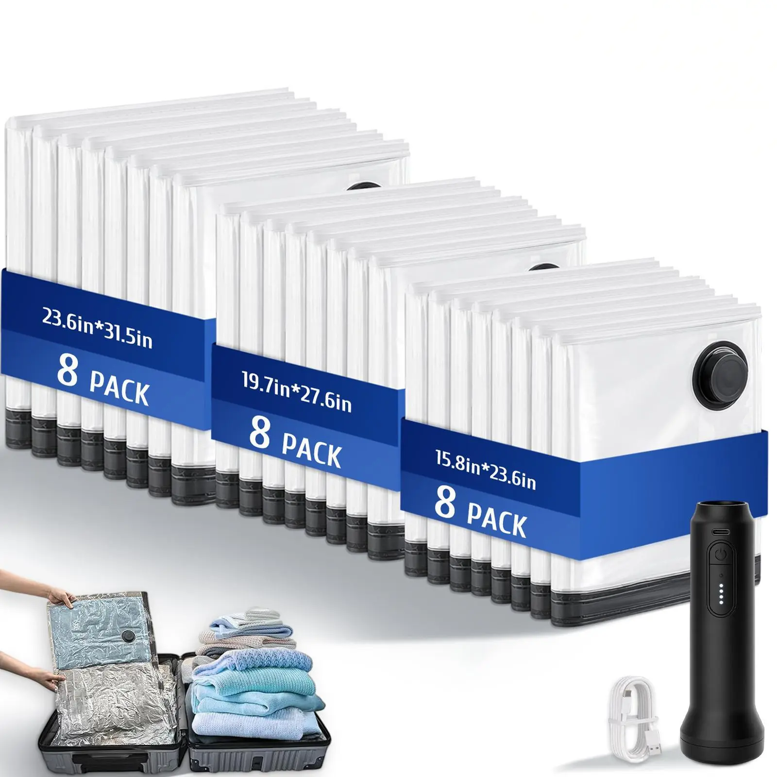 Cordless Travel Space Saver Vacuum Storage Bags Compression Bags Waterproof Reusable Clothes Storage Bags 24 Pack Multi Sizes Handheld Air Pump Long Side Opening Save 80% Space For Travel Packing