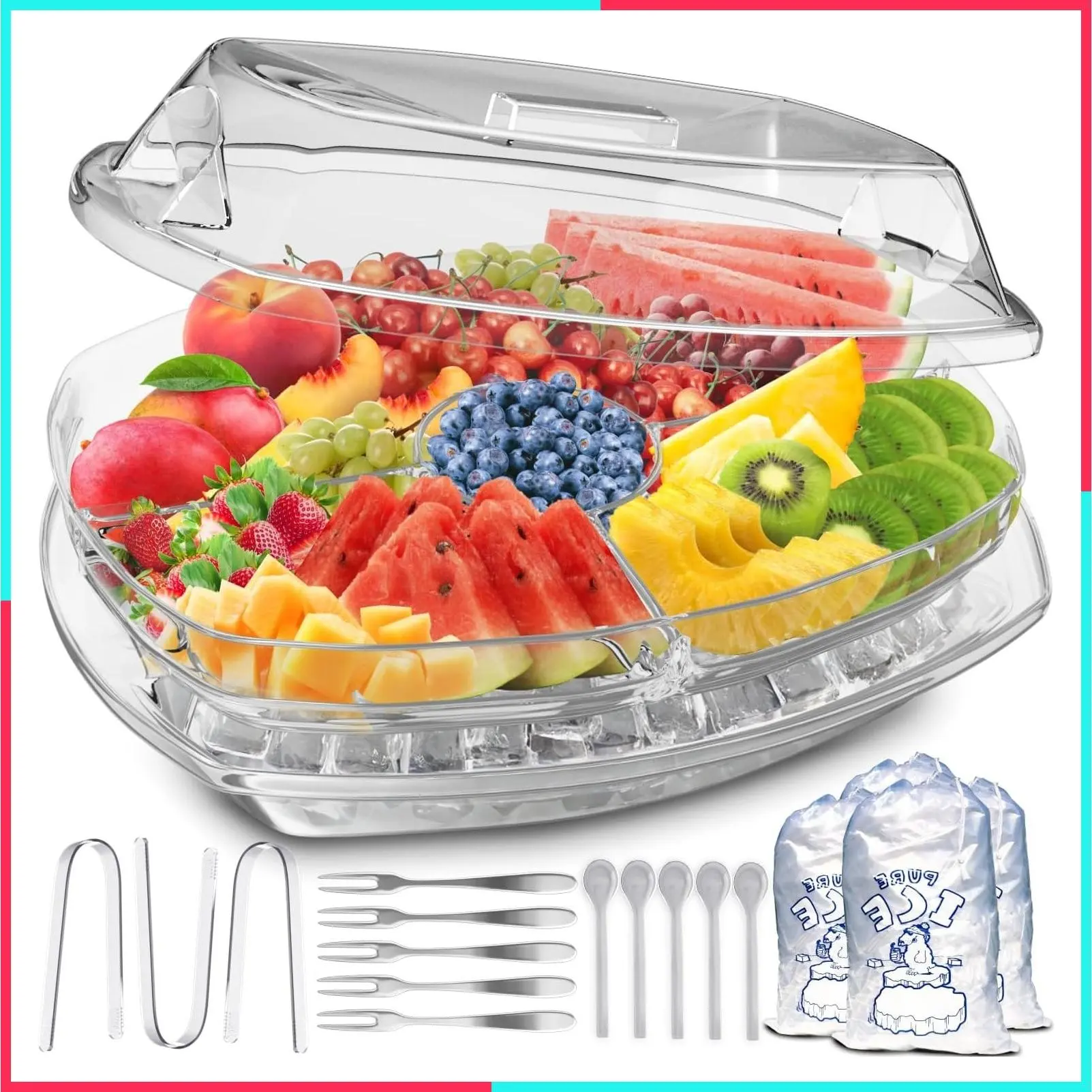 Ice Chilled Serving Tray for Parties – 15 Inch Fruit Tray with Ice Bottom, 4 Separate Compartments for Veggies, Shrimp Cocktail & Dip, Keeps Food Cool on Platter