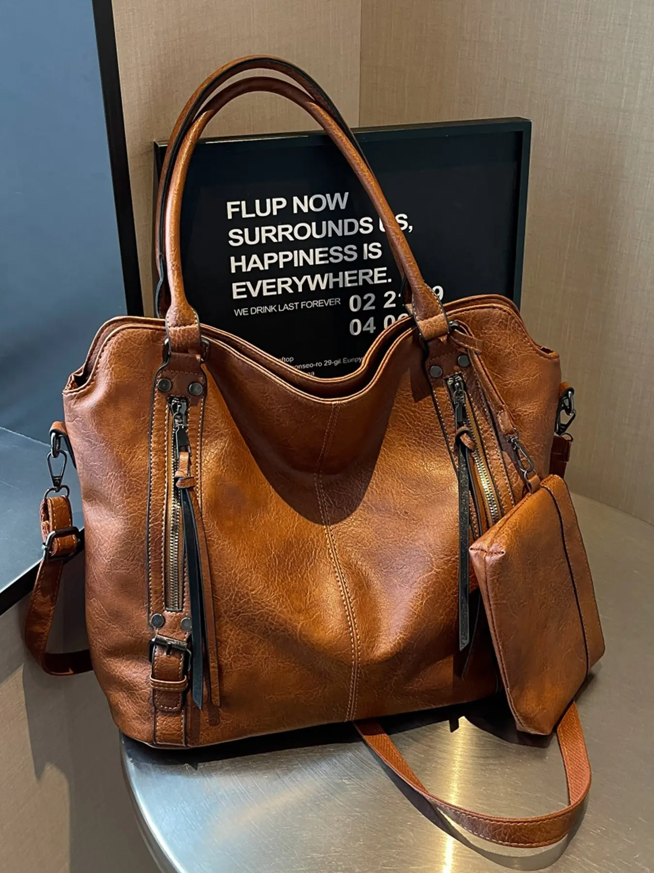Bag with Detachable Pouch Retro Large Capacity Tote Bag, High Aesthetic Fashion Simple Versatile Handbag, Casual PU Material, All Seasons Use