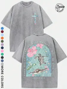 Unisex Christian Clothing "I Am With You When You Pass Through the Deep Waters" — Isaiah Scripture Verse Slogan, Garment-Washed 100% Cotton Short-Sleeve T-Shirt, Perfect for streetwear, Y2K fashion, and believers. Featuring a "Jesus Saves" theme