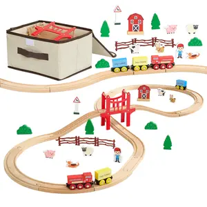 VEVOR Wooden Train Set, 39PCS, Wood Train Track with Magnetic Trains and Railway Accessories, Compatible with Major Brands, Small Town, Christmas Birthday Toy for Kids Toddlers Ages 3-8 Boys and Girl