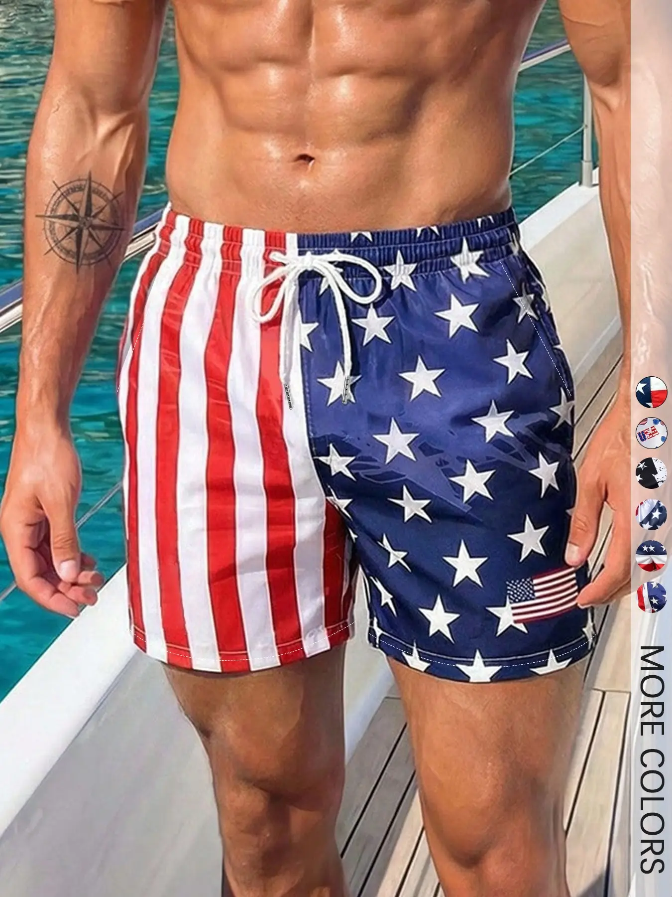 Men's 4th of July American Flag Print Shorts, Drawstring Beach Shorts, Swim Shorts