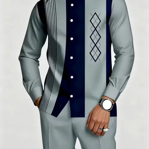 Men's Fashion Two-Piece Casual Set, Top Trousers Set: Long Sleeve Shirt and Pants in Multicolor Stand-Up Collar, Suitable for Parties and Weddings, Available in Various Colors, Perfect for Spring, Summer, Versatile Daily Wear