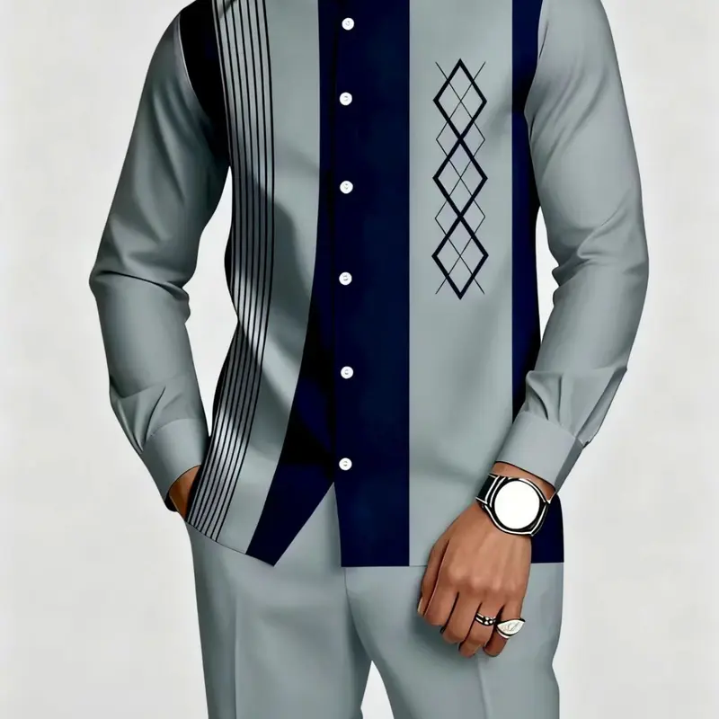 Men's Fashion Two-Piece Casual Set, Top Trousers Set: Long Sleeve Shirt and Pants in Multicolor Stand-Up Collar, Suitable for Parties and Weddings, Available in Various Colors, Perfect for Spring, Summer, Versatile Daily Wear