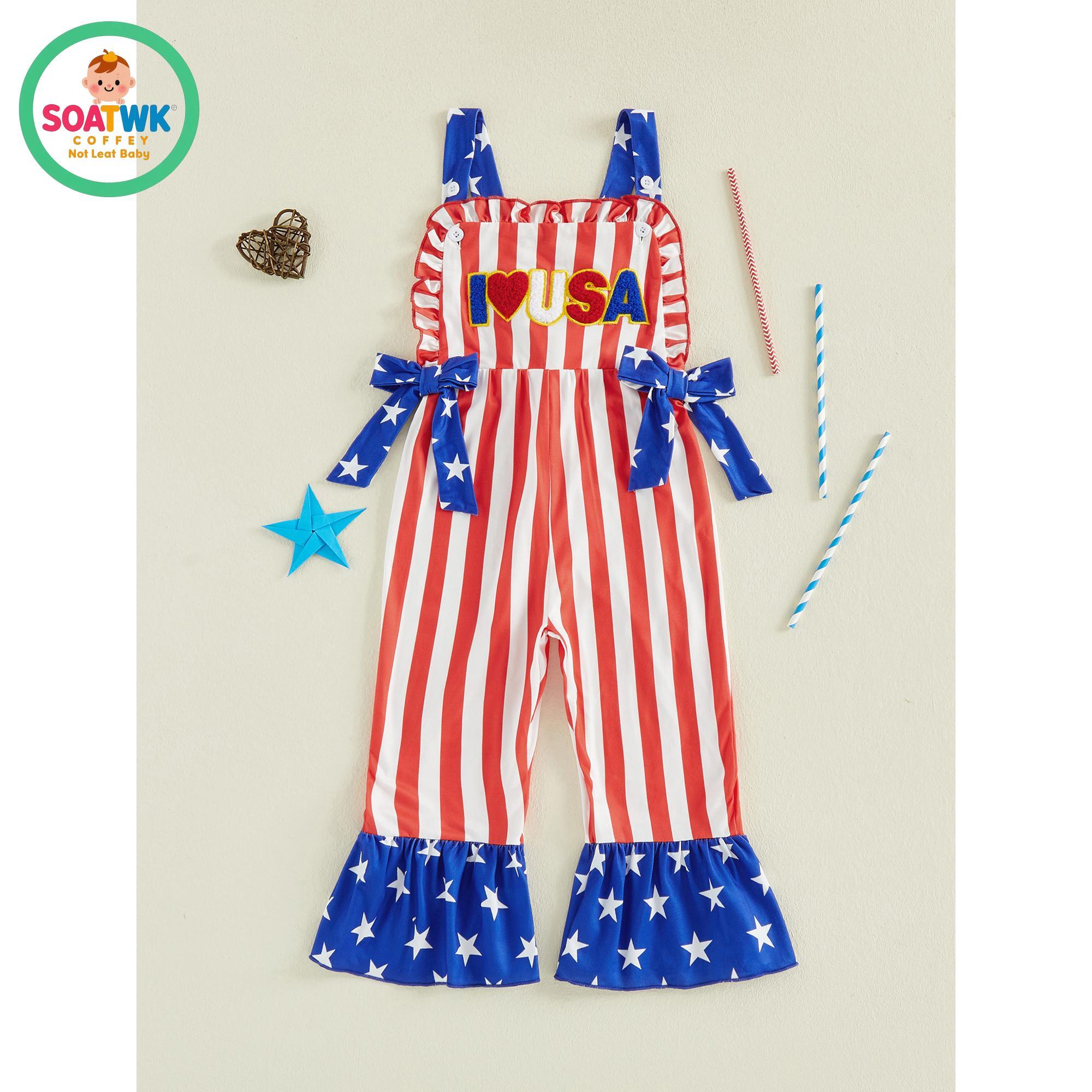 Baby Girl Fourth of July Romper Sleeveless Stars and Stripes Print Bow Jumpsuit Toddler Overalls