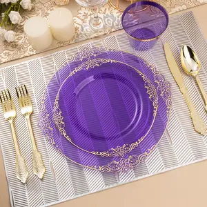 350-piece transparent purple plastic dinner plate set (for 50 guests), gold-rimmed disposable dinner plate set includes: 50 main plates, 50 dessert plates, 150 sets of gold cutlery, 50 cups, 50 party/wedding napkins