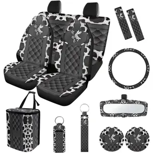 Suobstales Cow Print Car Seat Cover Interior Accessories Set of 13, Steering Wheel Covers, Car Trash Can, Seatbelt Cover, Coasters, Keychains, Rearview Mirror Cover Universal Fit Truck SUV Sedan