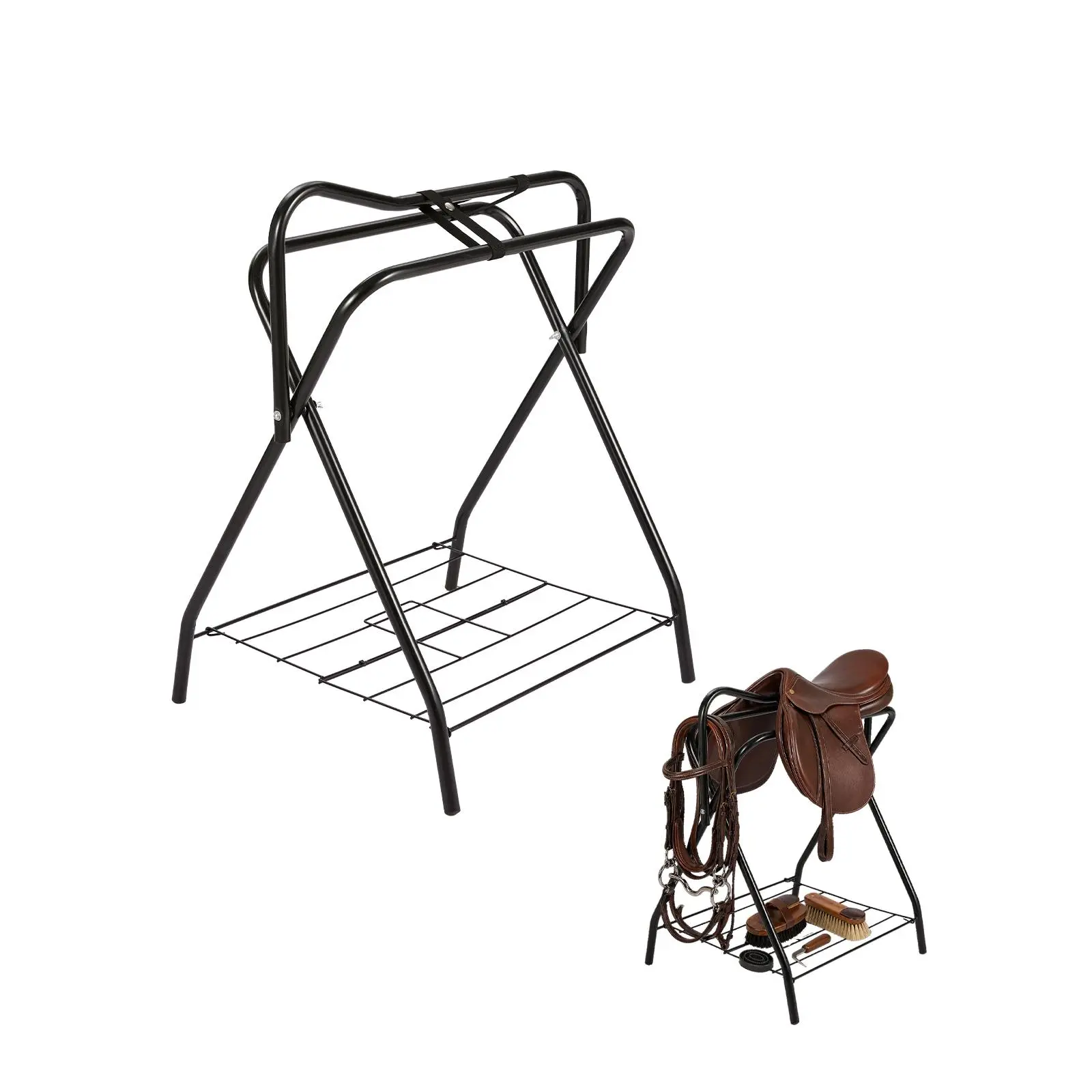 Collapsible Saddle Rack with Storage Shelf – Freestanding Steel Stand for English & Western Saddles, Tack & Blankets – Portable Stable Organizer