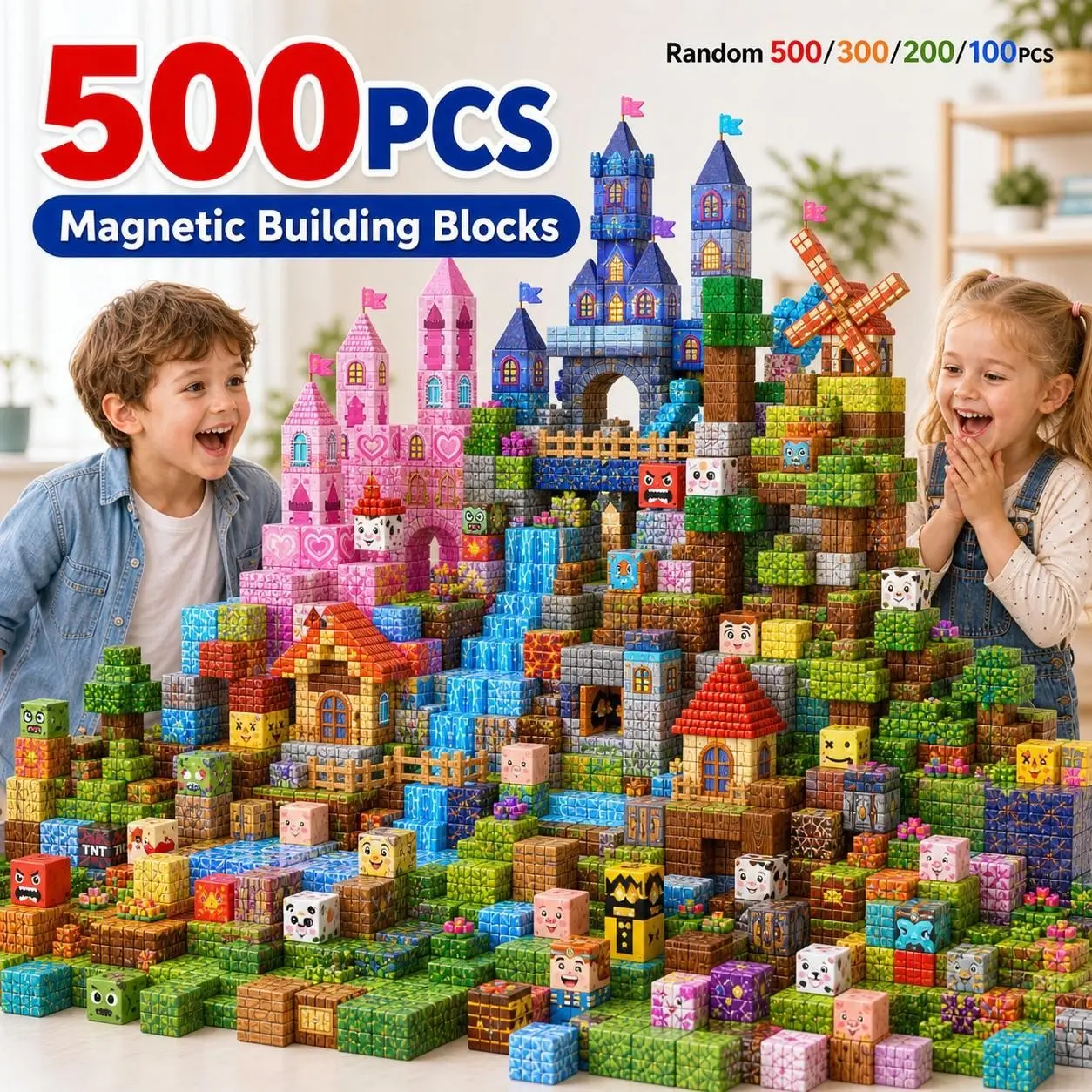 Large Magnetic Building Blocks Set 100/200/300/500 Pcs Random Mixed Colors, Open-Ended Montessori STEM Sensory Toys for Kids 3-8, 3D Spatial Construction Educational Playset, Birthday Gifts for Boys Girls