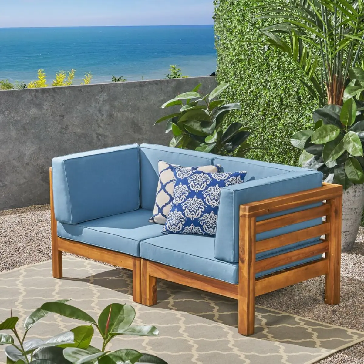 Christopher Knight Home® OANA 2-Piece Blue Acacia Wood Outdoor Sectional Loveseat Set, Mid-Century Design, Sectional Ends, Simple Assembly, Two-Pieces