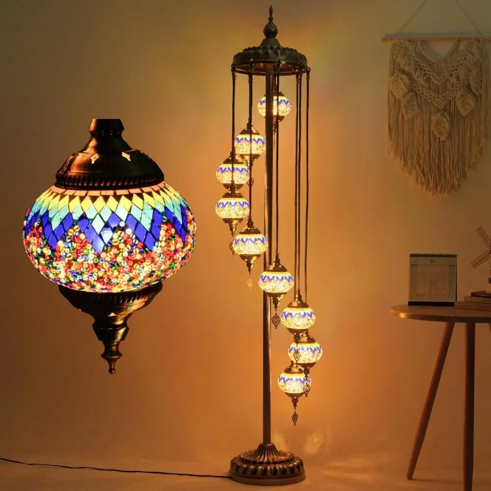 Turkish Mosaic Lamp - 74in Tall Floor Standing Light, Handcrafted 9 Globe Moroccan Design, 5.2in Glass Spheres, No Tool Assembly, Traditional Artistry, Included E12 Bulb