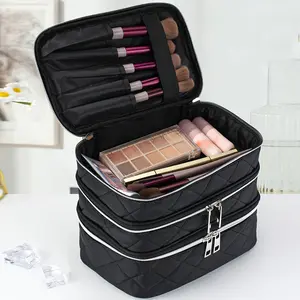 Portable black diamond embroidered makeup bag with expandable multi pockets for all beauty supplies. High-end embroidery & wipeable waterproof fabric for bedroom storage, long travel and outdoor picnic touch-ups.